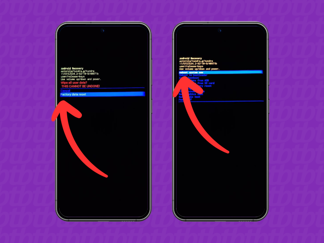 Usando as opções “Factory data reset” e “Reboot system now” para iniciar a limpeza do celular