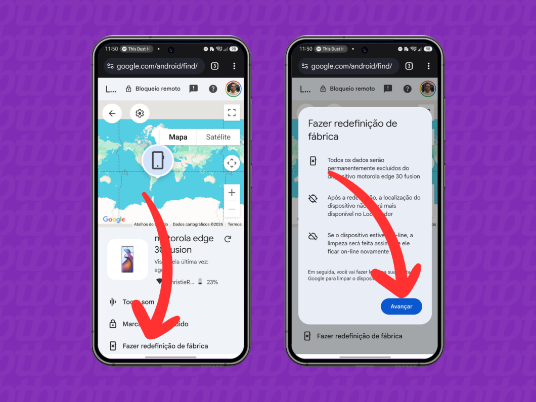 Uso do Google Localizador com a opção “Fazer redefinição de fábrica” para formatar o Android remotamente
