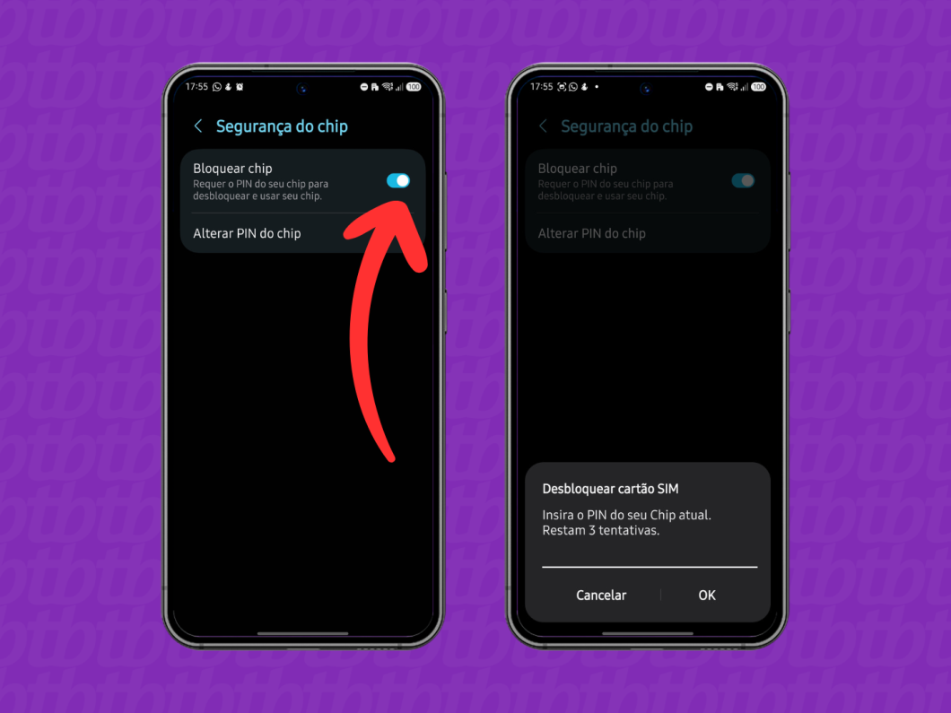 Tela de Android mostrando a opção “Segurança do chip” com “Bloquear chip” desativado para remover o PIN do SIM