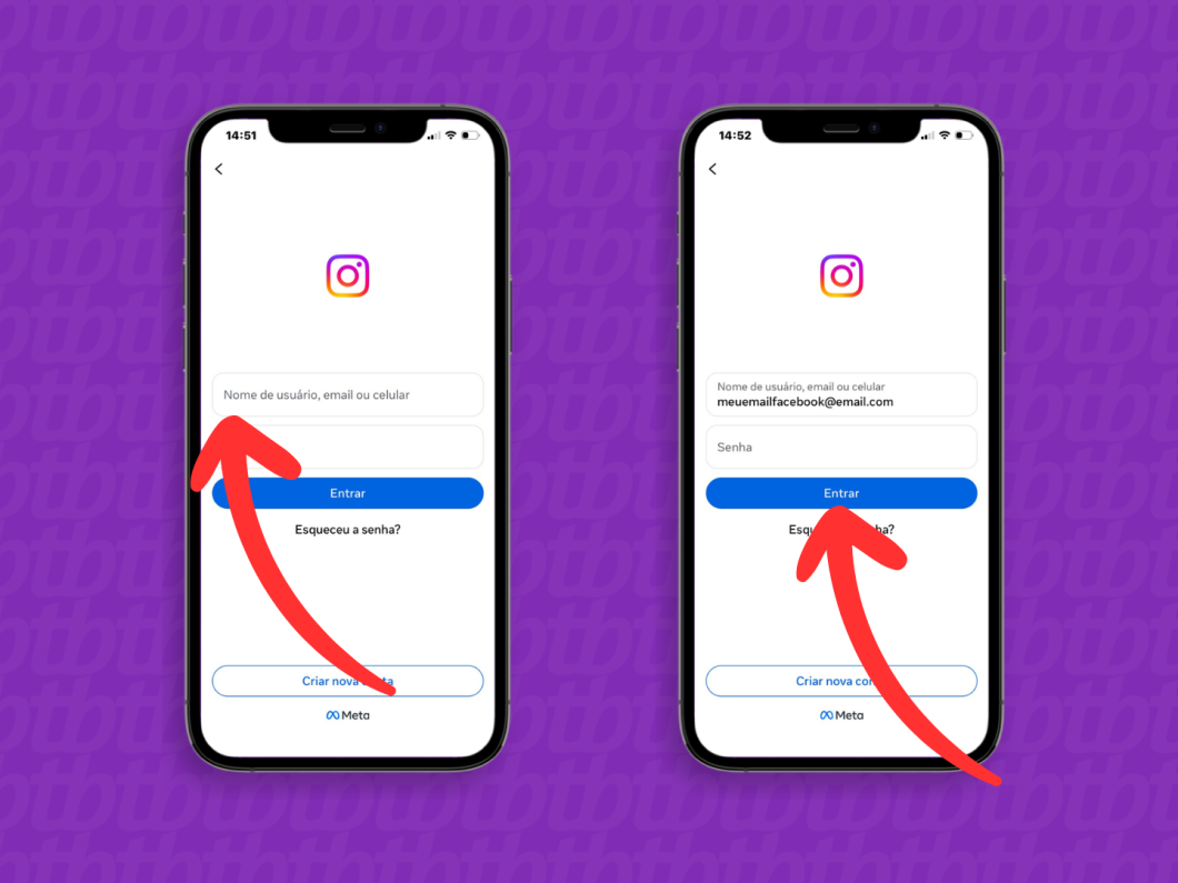 Telas de login do Instagram com credenciais do Facebook e botão Entrar, com setas apontando os campos de acesso (imagem: Lupa Charleaux/Tecnoblog)