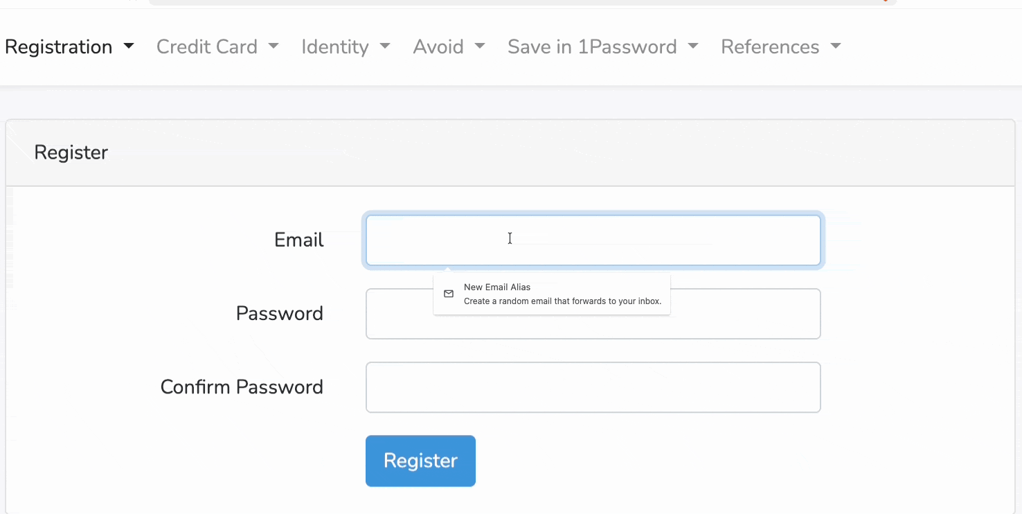 GIF que mostra um e-mail alias sendo criado e aplicado a um formulário