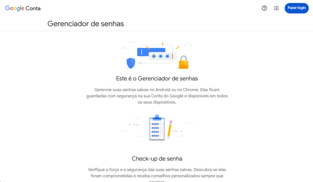 Tela do Gerenciador de senhas do Google com texto “Este é o Gerenciador de senhas” e informações de check-up de senha