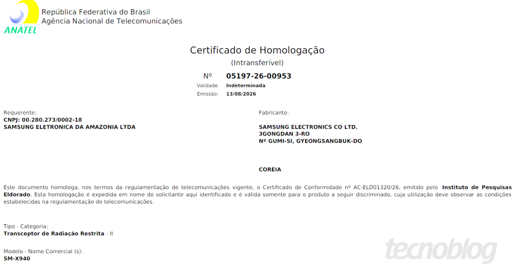 Certificado de homologação do aparelho SM-940 na Anatel. O código é referente ao tablet Galaxy Tab S12 Ultra