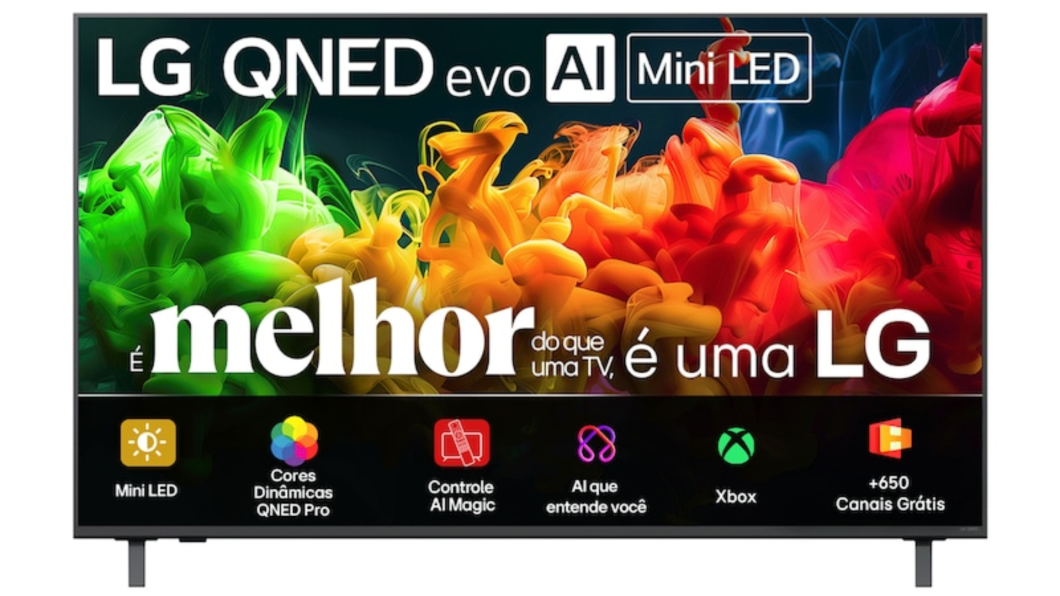 Smart TV LG QNED80BSG destacando as principais características da TV