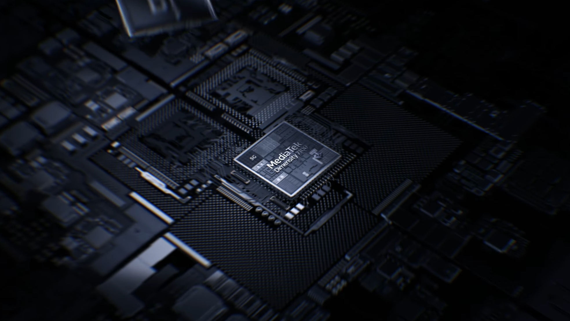 arte de um chip MediaTek Dimensity 7100 dentro de um dispositivo