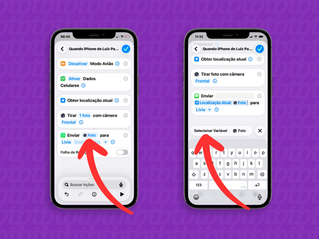 Tela do app Atalhos mostrando “Selecionar variável” para inserir “Localização Atual” junto da “Foto” a ser enviada