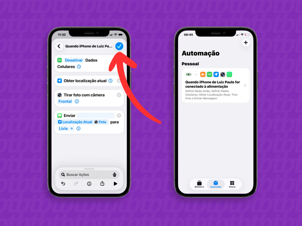 Tela do app Atalhos com a automação concluída em “Quando iPhone de Luiz Paulo for conectado ao carregador”, destacando o botão de confirmação ✓