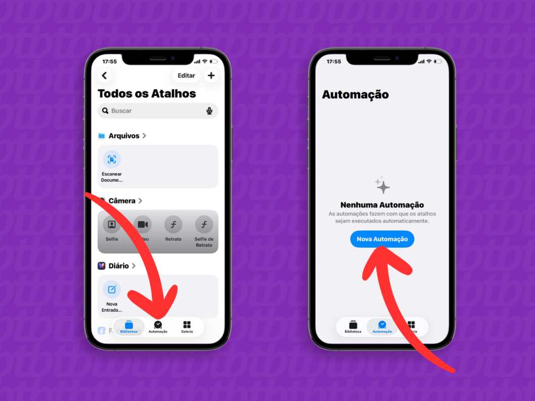 Tela do app Atalhos com “Automação” e botão “Nova Automação” para iniciar uma nova automação no iPhone
