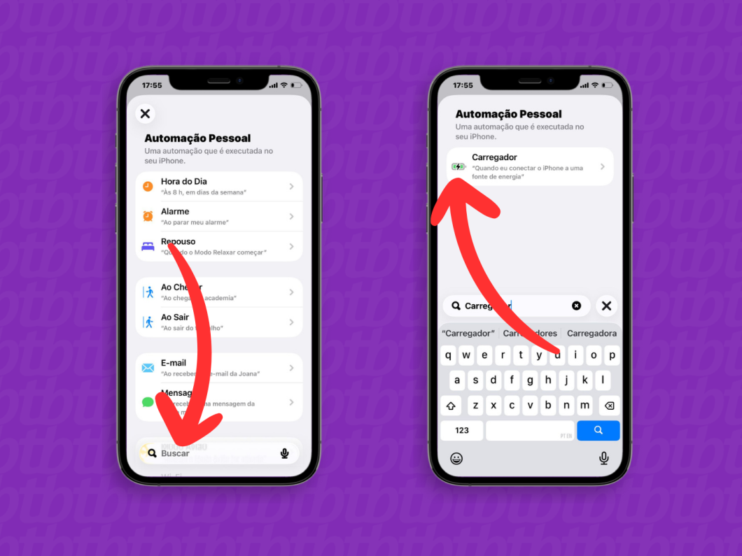 Tela do app Atalhos mostrando a opção “Carregador” como gatilho da automação pessoal do iPhone