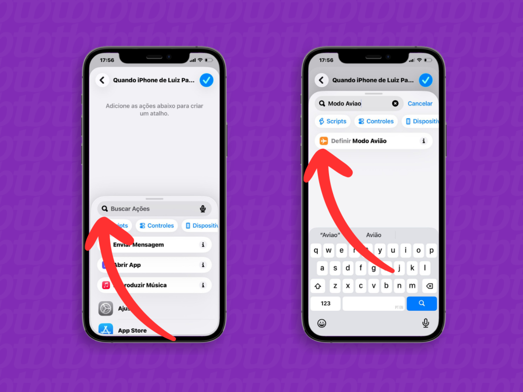Selecionando a ação “Definir Modo Avião” no app Atalhos do iPhone