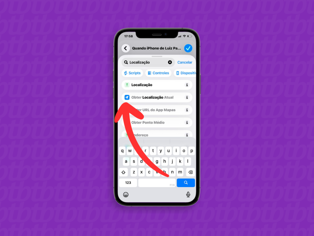Inserindo a ação “Obter Localização Atual” no app Atalhos do iPhone