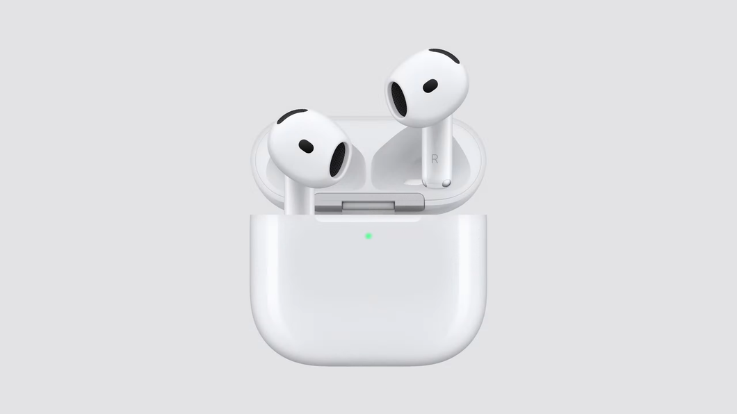 Imagem mostra um AirPods 5 branco, com case aberta