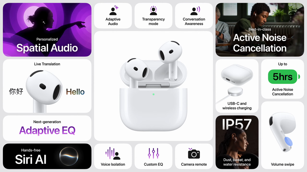 Imagem reúne as novidades do AirPods 5, com informações sobre Siri AI e bateria
