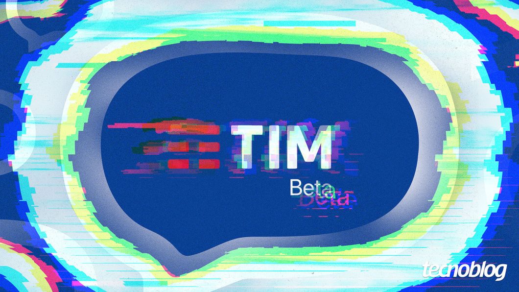 Logo do TIM Beta em formato de holograma com o texto “TIM” e “Beta” ao centro, borrada com efeito de glitch. Na parte inferior direita, o logotipo do Tecnoblog é visível.
