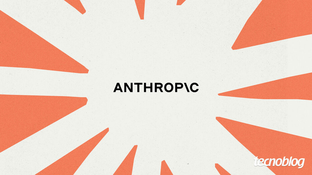 Ilustração gráfica minimalista em fundo bege-claro com textura levemente granulada, apresentando a palavra "ANTHROPIC" escrita em caixa alta com fonte preta sem serifa no centro exato da imagem; ao redor do texto central, vários raios e pontas triangulares na cor laranja-terracota convergem das bordas da imagem para o centro, e o logotipo do portal "tecnoblog" no canto inferior direito em letras brancas.