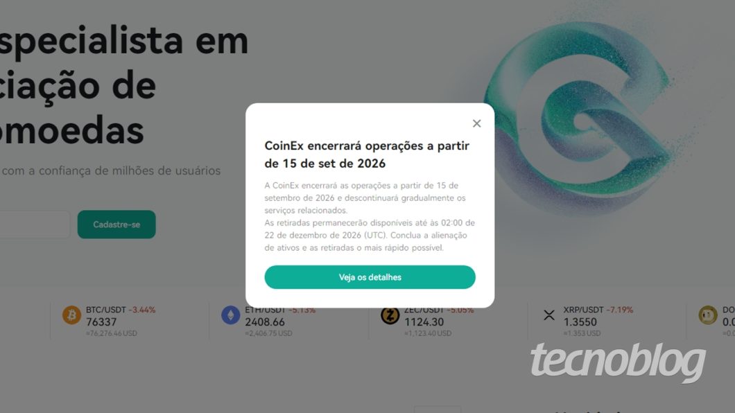 Aviso de encerramento de operações no site da CoinEx