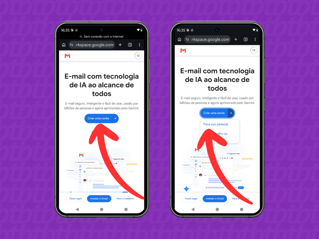 Iniciando a criação de conta Gmail no celular, com opção “Criar uma conta” e “Para uso pessoal”