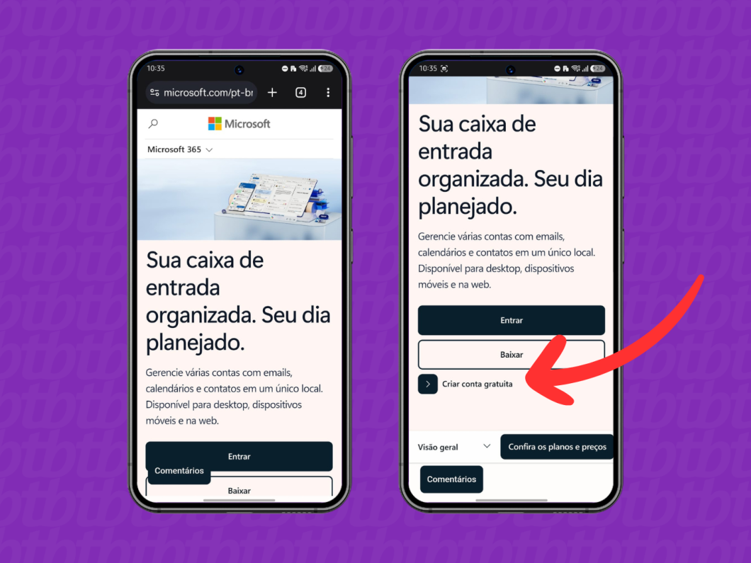 Acessando a página de cadastro do e-mail Outlook ou Hotmail, com opção de “Criar conta gratuita”
