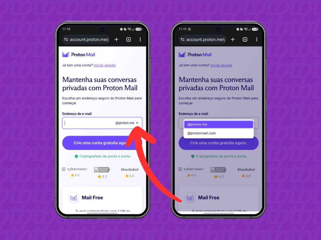 Selecionando o domínio do Proton Mail (@proton.me ou @protonmail.com) durante o cadastro