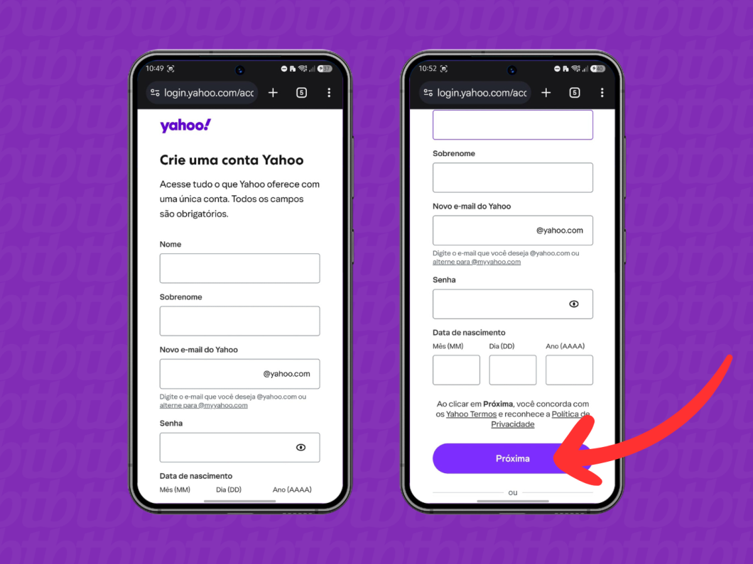 Preenchendo o cadastro inicial do Yahoo Mail, com campos de nome, senha e data de nascimento no celular