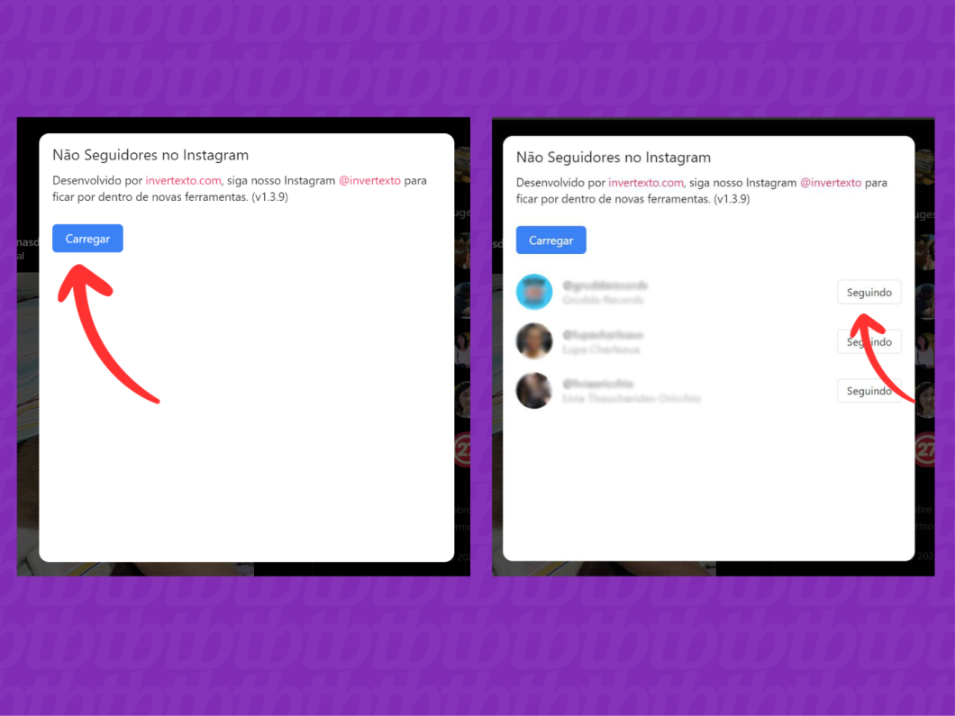 Captura de tela do navegador Google Chrome mostra como usar a extensão Não Seguidores no Instagram para saber que deixou de seguir o perfil usando setas vermelhas