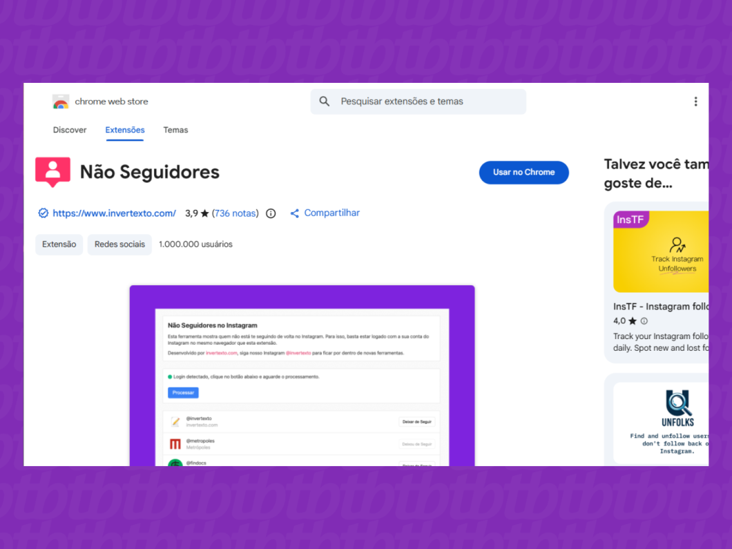 Acessando a página da extensão "Não seguidores do Instagram" do Google Chrome (imagem: Lupa Charleaux/Tecnoblog)