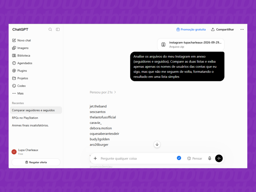 Utilizando os arquivos do Instagram e o prompt para identificar os não seguidores via ChatGPT (imagem: Lupa Charleaux/Tecnoblog)