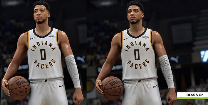 Imagem mostra dois takes do jogo NBA 2k27 sem e com o recurso DLSS 5 da Nvidia ativado, respectivamente 