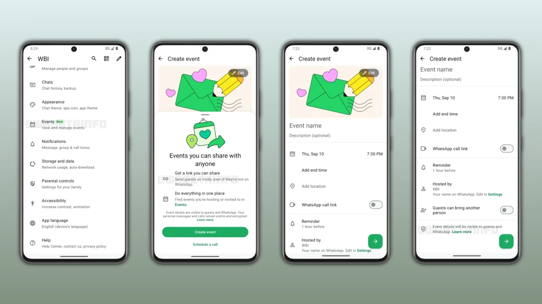 capturas de tela da seçao de eventos no WhatsApp