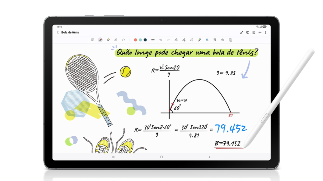 Galaxy Tab S10 Lite mostrando uma aula no gráfico sobre lançamento de uma bola de tênis, com equações e rótulo “Como largar pode chegar uma bola de tênis?”