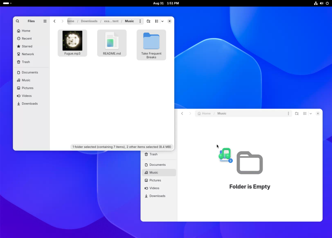 Gerenciador de arquivos do Gnome 51 com contagem de itens selecionados