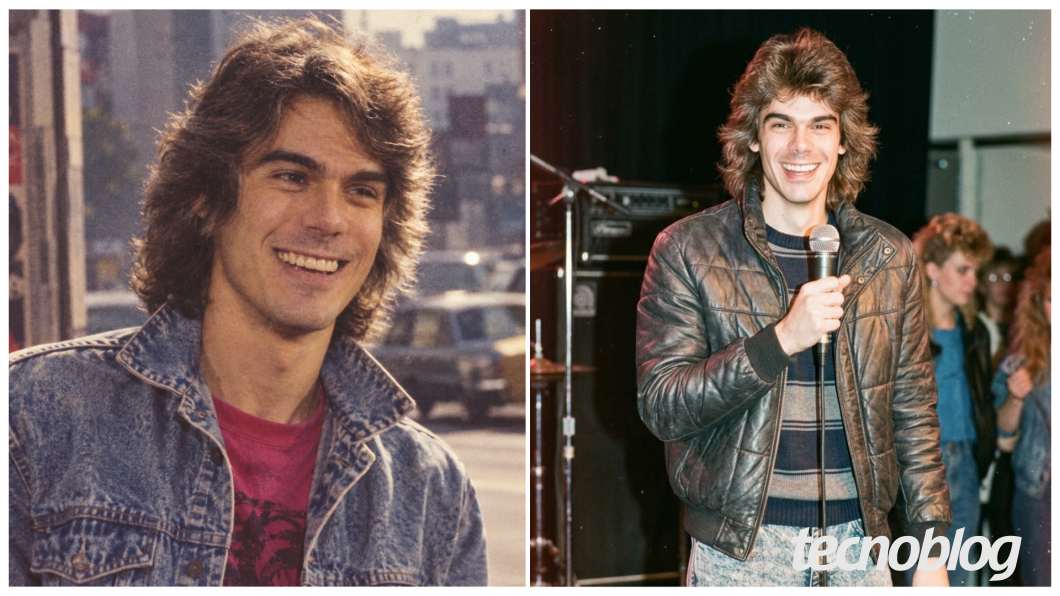 Comparação lado a lado: retrato com estética dos anos 80 gerado a partir de uma foto, com visual retrô e roupas oitentistas