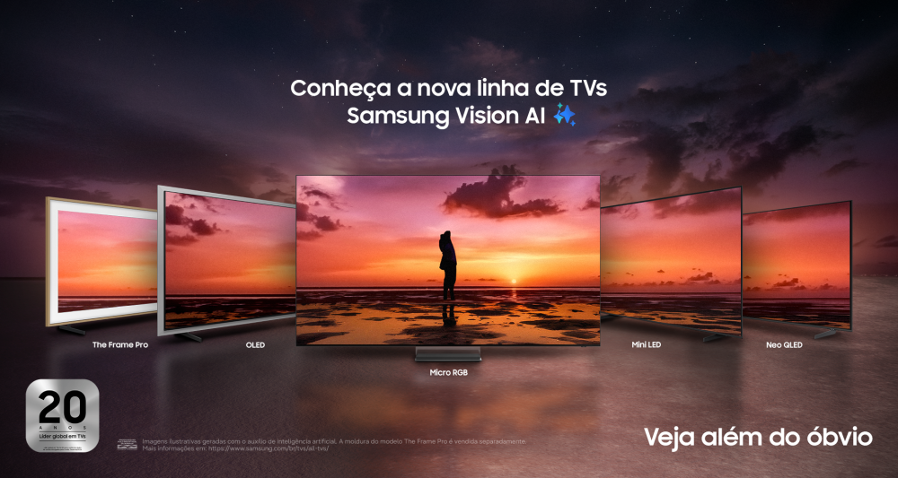 Nova linha de TVs Samsung Vision AI com modelos The Frame Pro, OLED, Micro RGB, Mini LED e Neo QLED