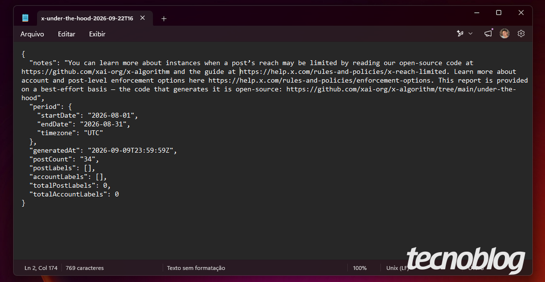 captura de tela de bloco de notas com arquivo JSON do Under the Hood aberto