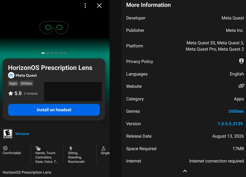 captura de tela das informações de firmware do HorizonOS Prescription Lens