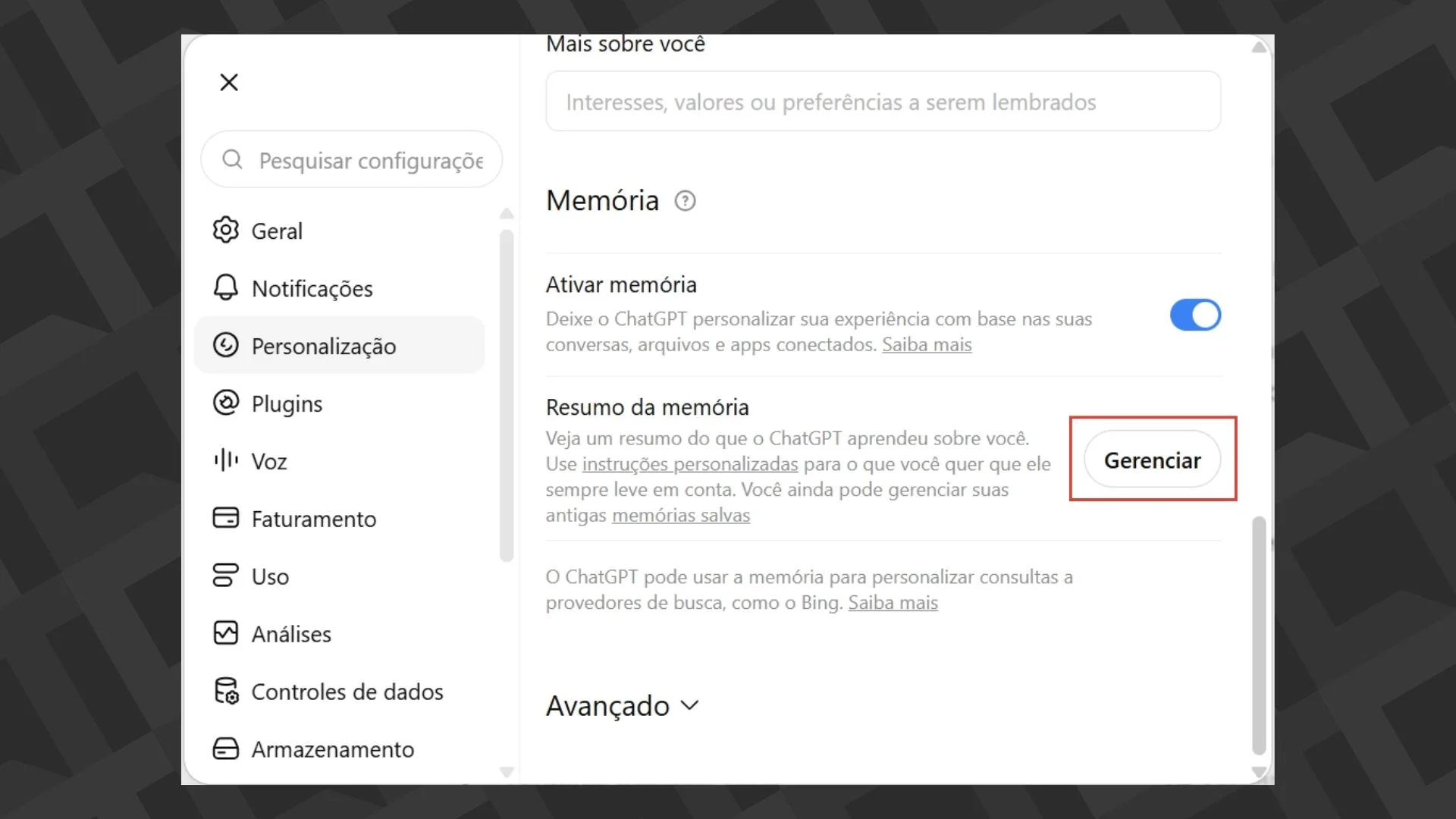 Editar informações da imagem resumo da memória - PC - ChatGPT