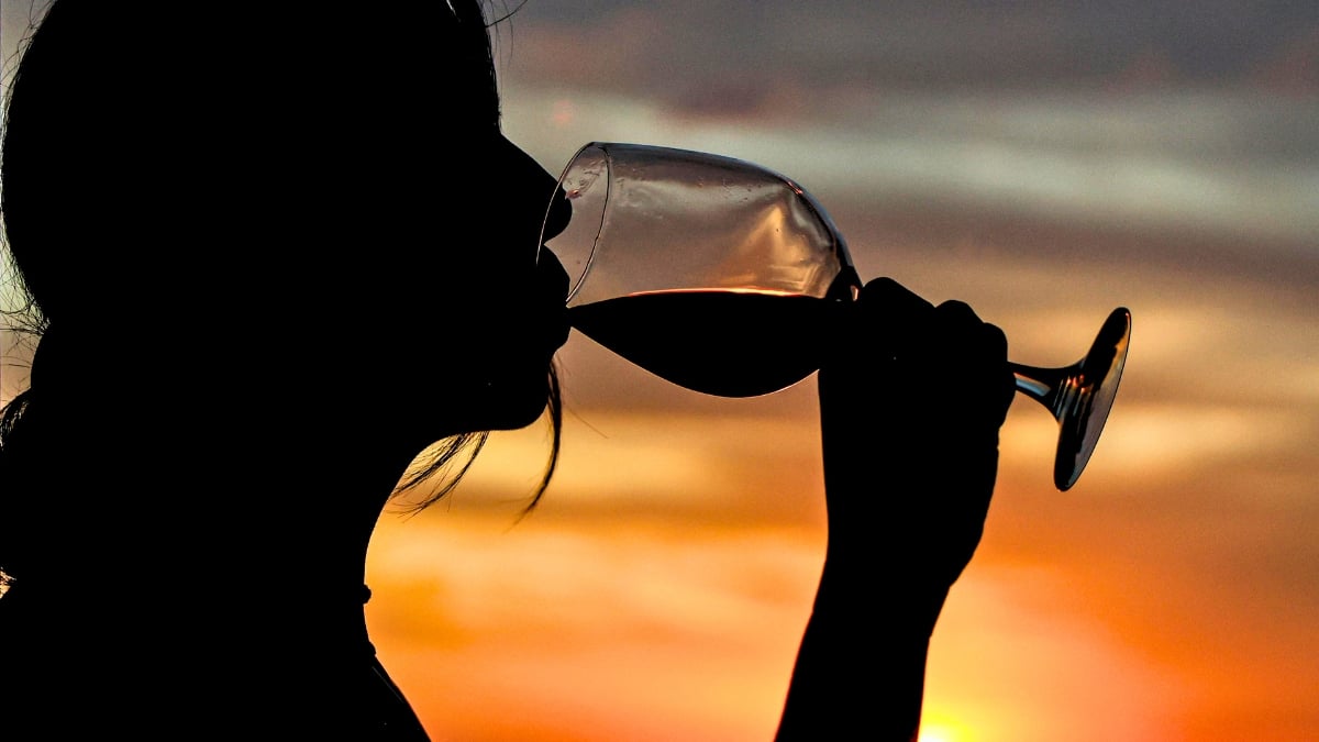 A silhouette of a woman's face drinking a glass of wine at sunset