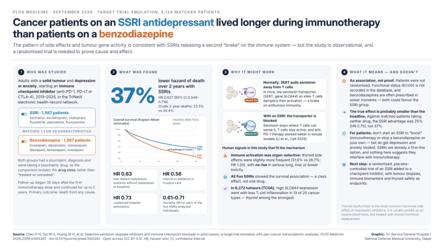 Graphical abstract summarizing a study of antidepressant use and survival among patients receiving cancer immunotherapy.