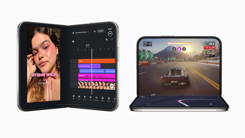 Ilustrações do iPhone Duo representando o uso de um editor de vídeo e um jogo