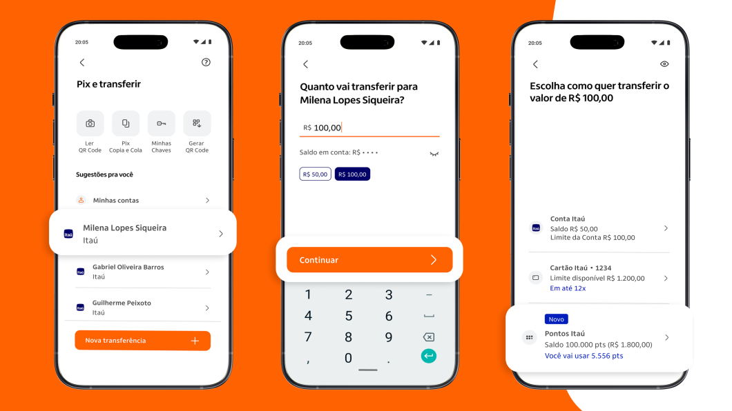 Captura de tela mostra a tela do app do Itaú, na opção de enviar Pix, e a nova opção para escolher concluir o pagamento com o uso dos Pontos Itaú