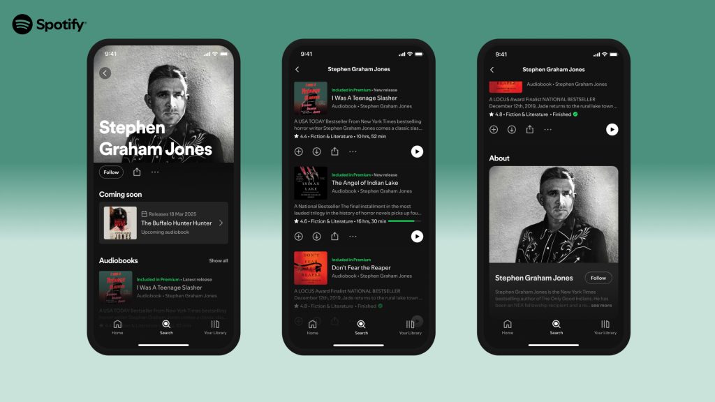 Captura de tela institucional do Spotify em fundo verde-escuro, exibindo lado a lado três smartphones com telas em modo escuro (dark mode) demonstrando a interface do perfil e audiobooks do autor Stephen Graham Jones