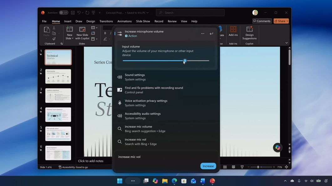 Captura de tela da busca na barra de tarefas do Windows 11 com ajuste de volume do microfone aberto.