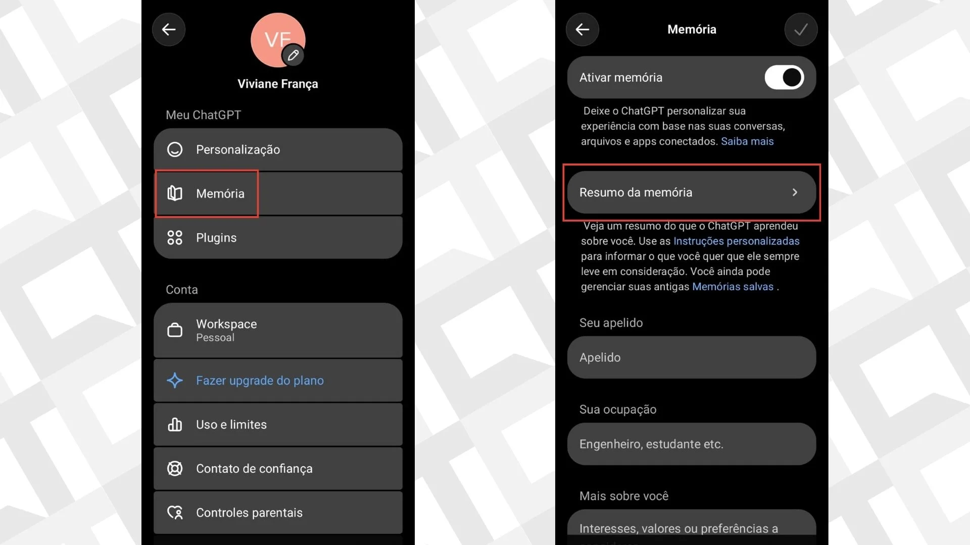 Editar informações da imagem Resumo da memória - celular ChatGPT
