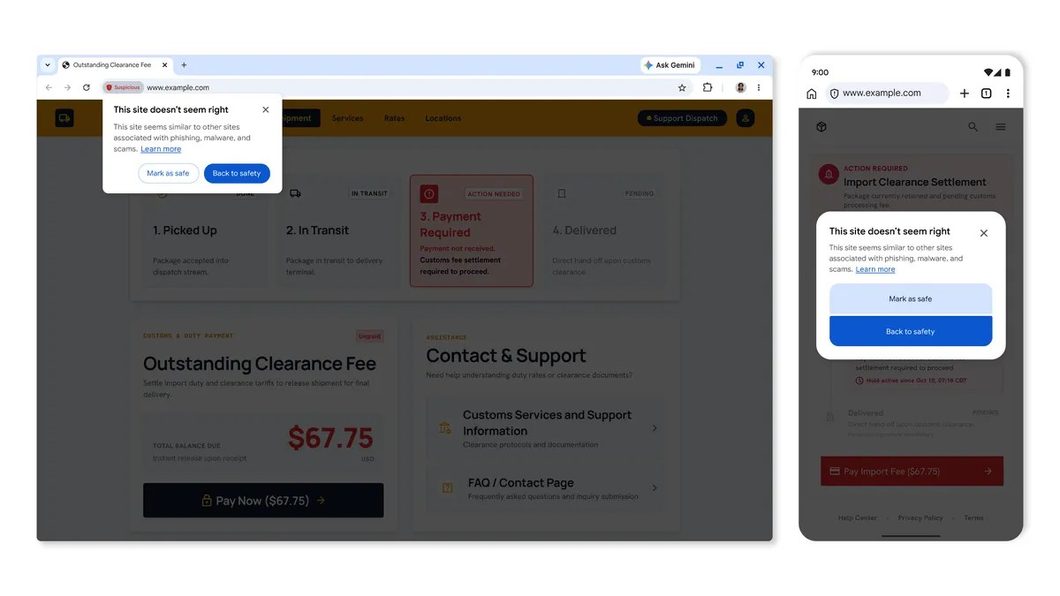 captura de tela do pop-up avisando um site potencialmente perigoso