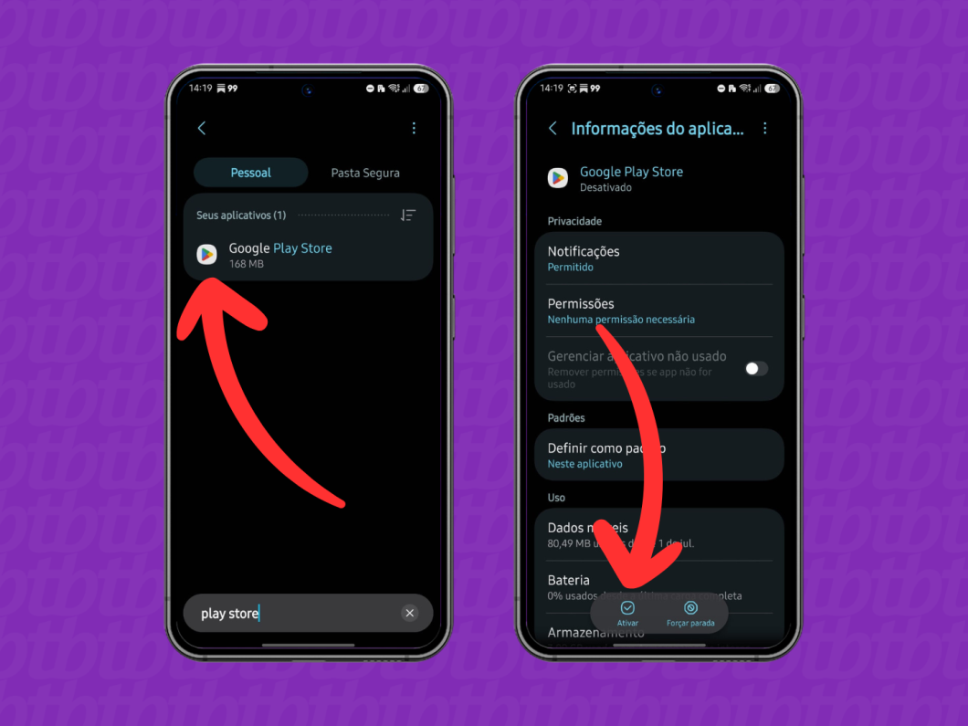 Reativando a Play Store nas configurações do Android (imagem: Lupa Charleaux/Tecnoblog)