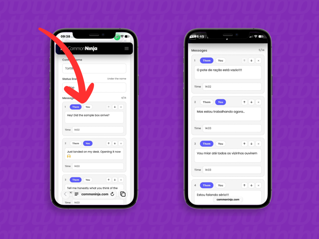 Criando as mensagens da conversa fake no WhatsApp (imagem: Lupa Charleaux/Tecnoblog)