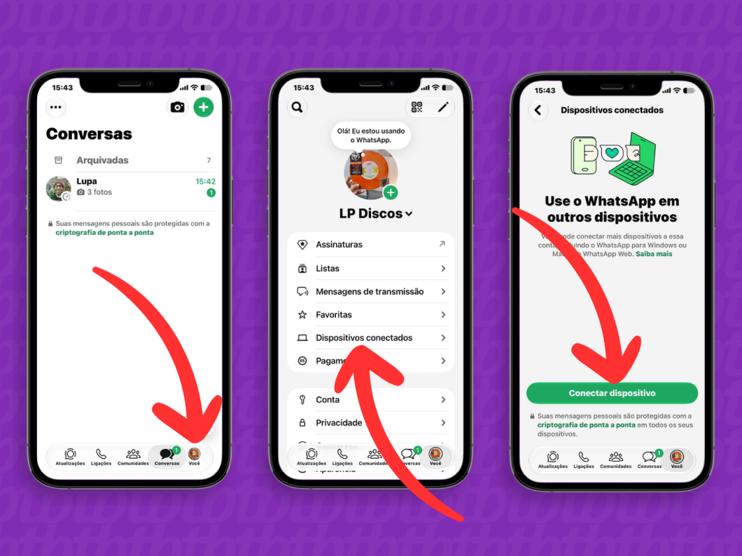 Abrindo o menu "Dispositivos Conectados" no WhatsApp para iPhone (imagem: Lupa Charleaux/Tecnoblog)