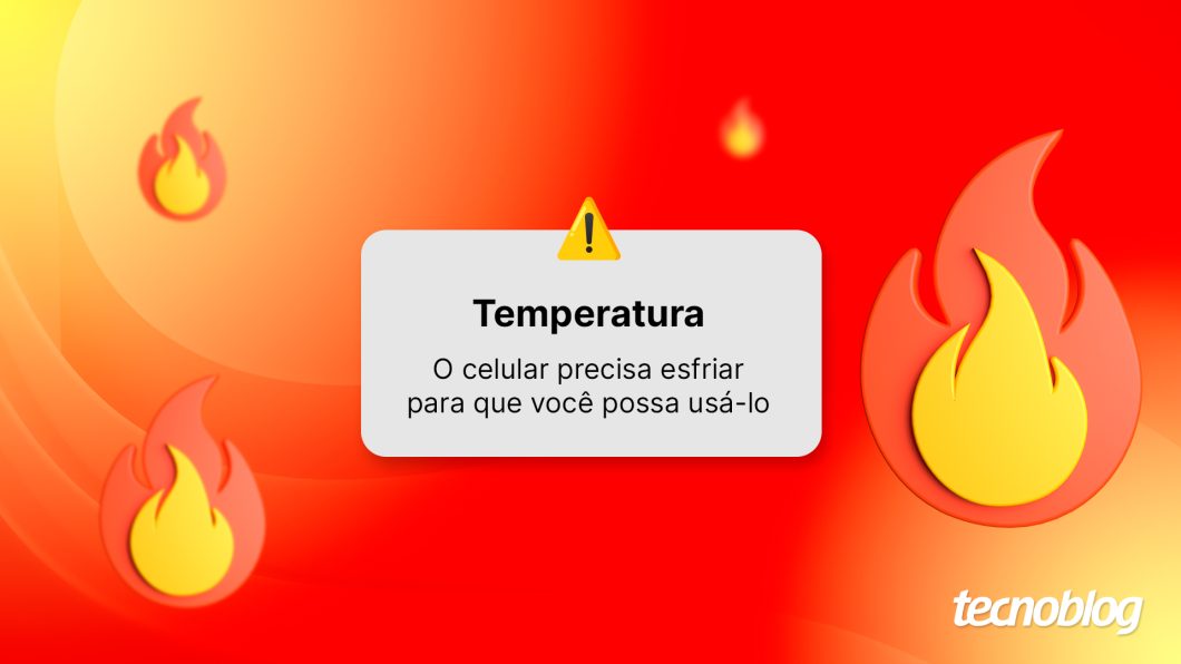 Ilustração com aviso de "Temperatura" e "O celular precisa esfriar para que você possa usá-lo"