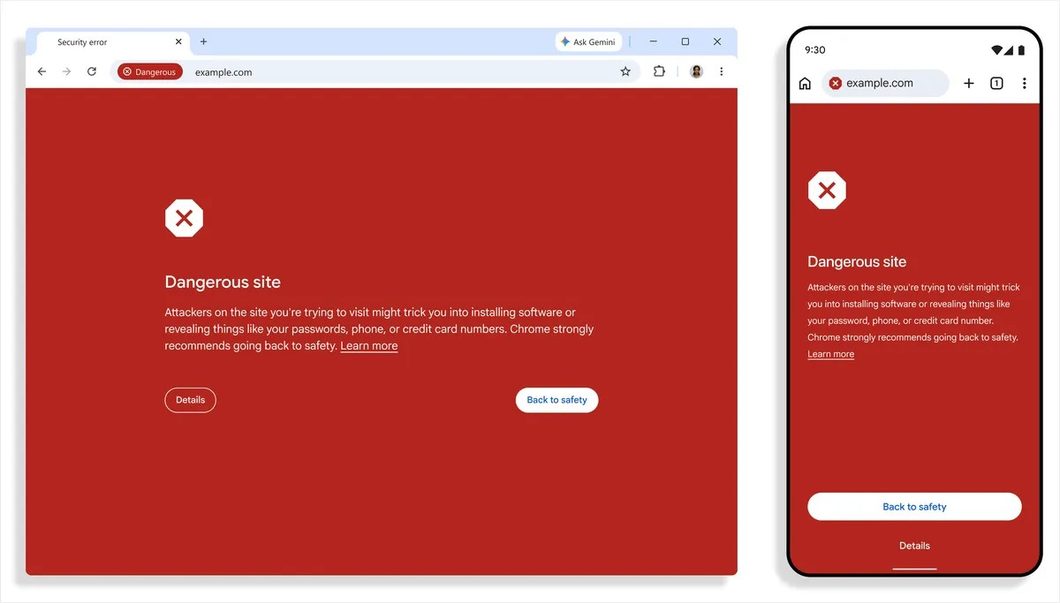 tela vermelha no google chrome de bloqueio de acesso a um site perigoso