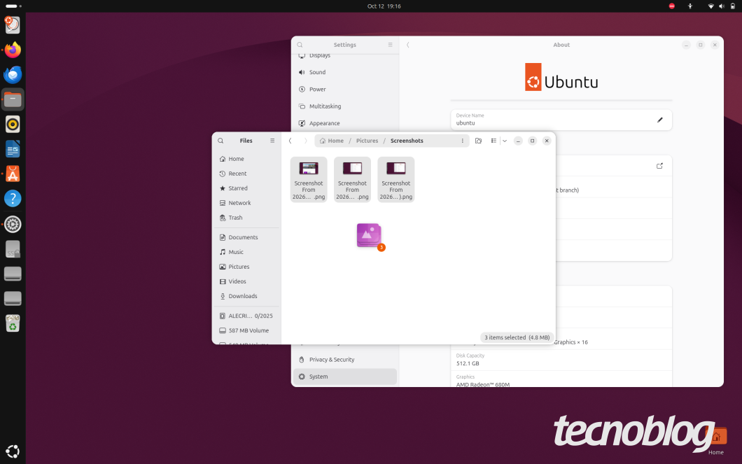 Gerenciador de arquivos do Ubuntu 26.10 mostrando o número de arquivos arrastados
